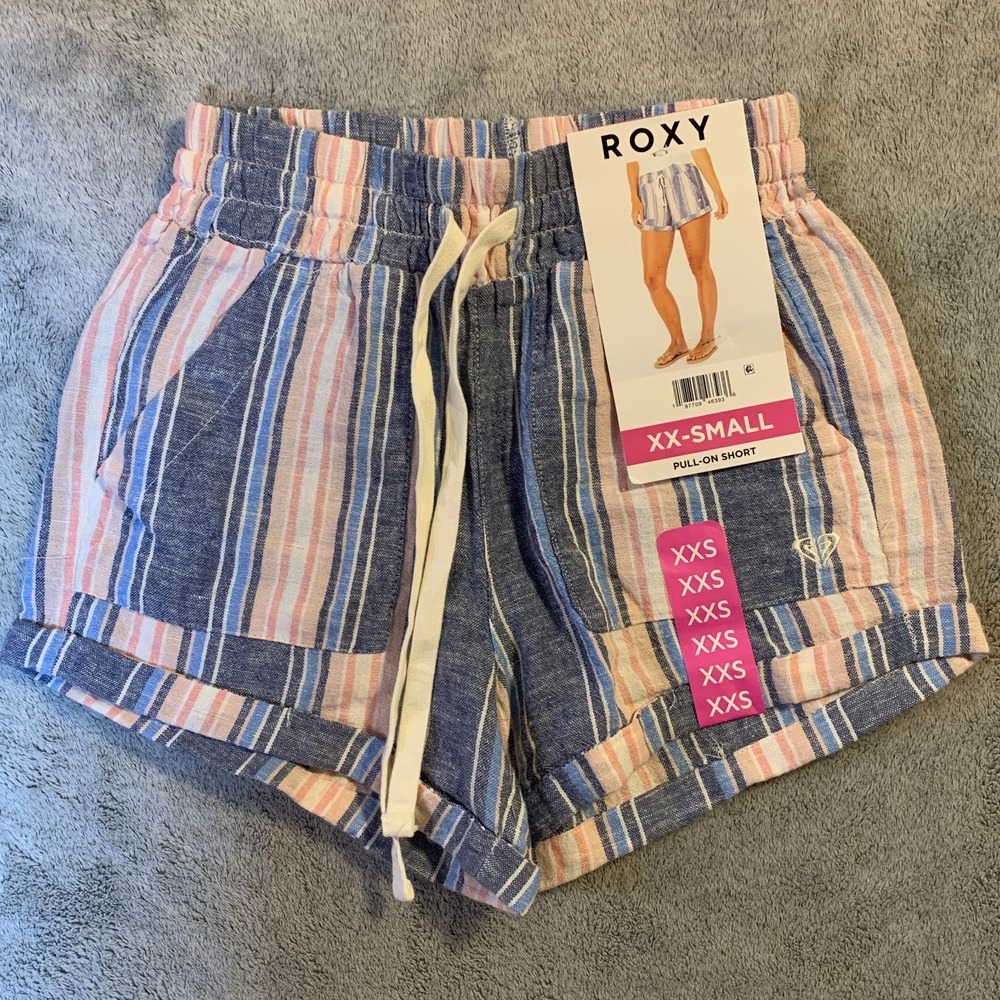 Roxy Womens XXS Striped Linen Blend Drawstring Pull On Shorts NWT